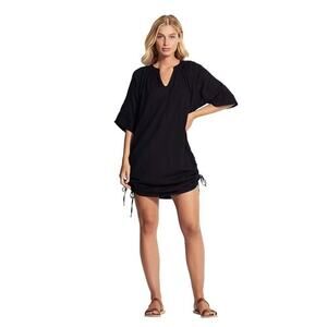 Seafolly L Shirt Dress Textured Cotton Black Cover Up Textures Ruched Side Beach